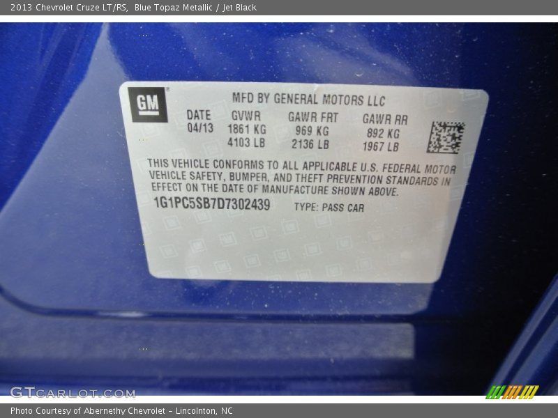 Blue Topaz Metallic / Jet Black 2013 Chevrolet Cruze LT/RS