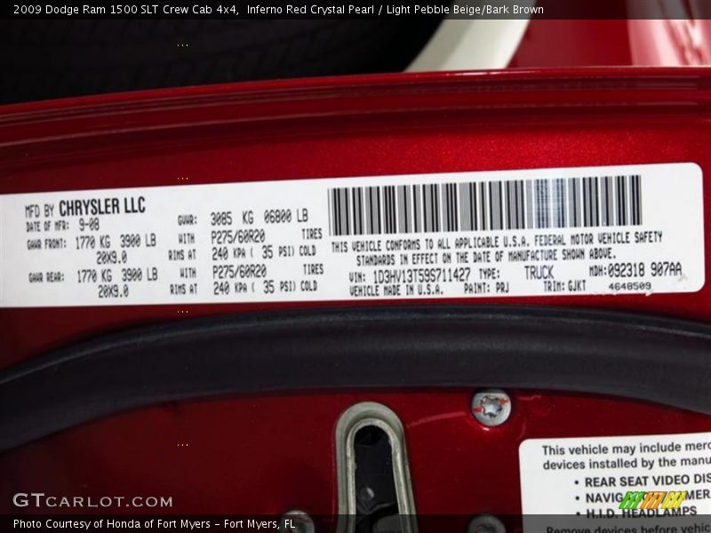 2009 Ram 1500 SLT Crew Cab 4x4 Inferno Red Crystal Pearl Color Code PRJ