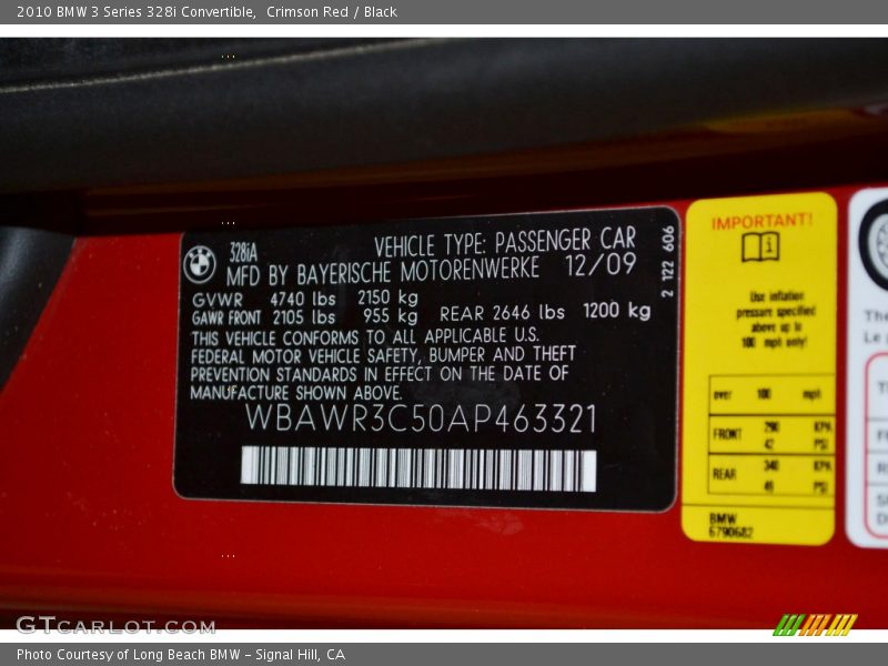 Info Tag of 2010 3 Series 328i Convertible