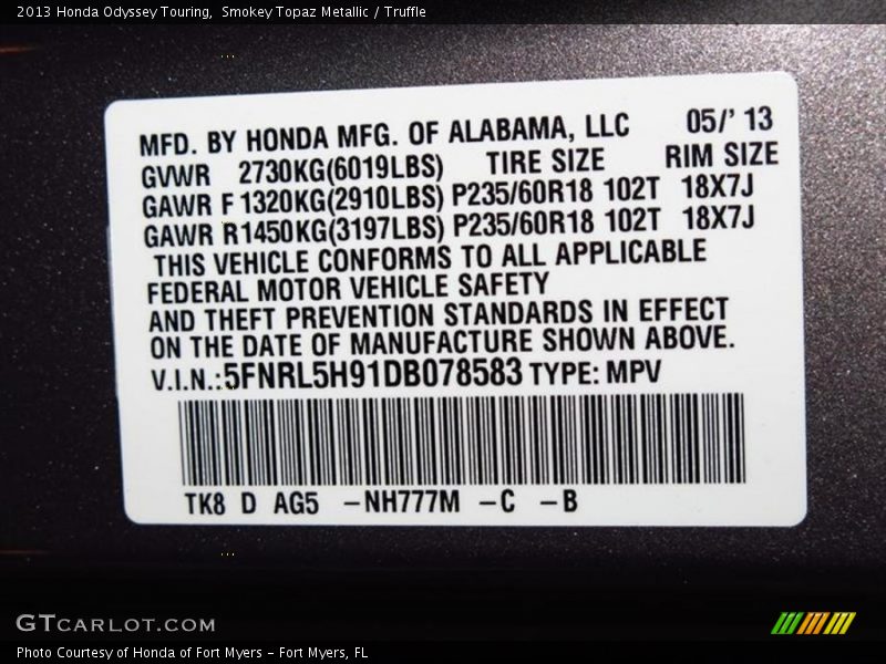 Smokey Topaz Metallic / Truffle 2013 Honda Odyssey Touring