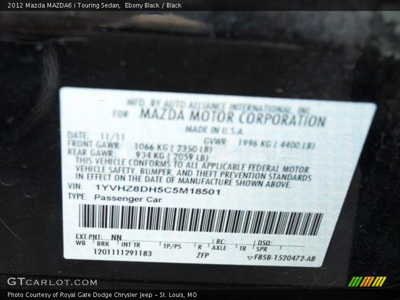 Ebony Black / Black 2012 Mazda MAZDA6 i Touring Sedan