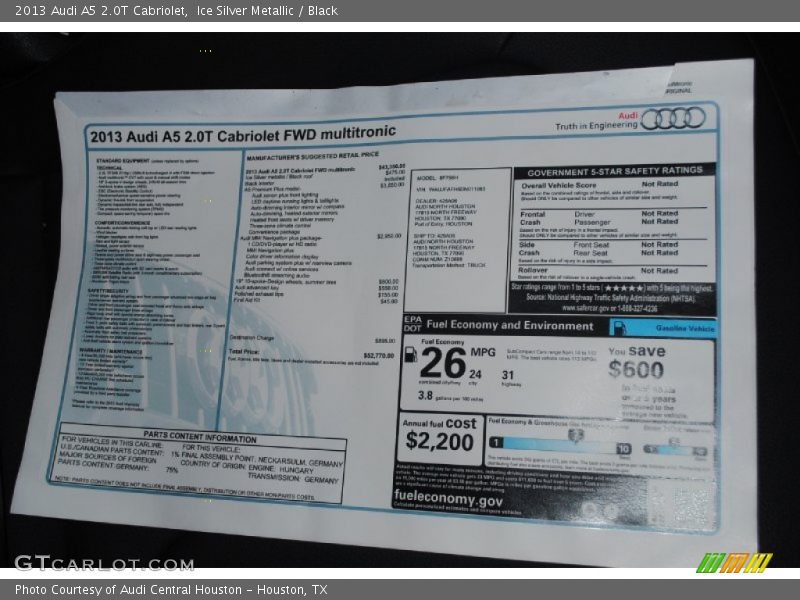  2013 A5 2.0T Cabriolet Window Sticker