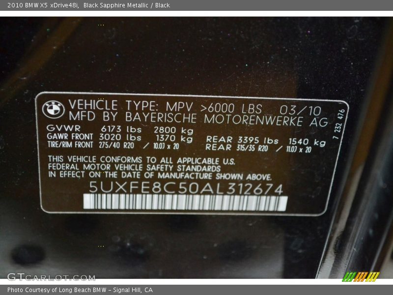 Black Sapphire Metallic / Black 2010 BMW X5 xDrive48i