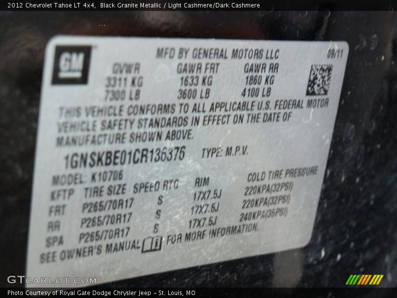 Black Granite Metallic / Light Cashmere/Dark Cashmere 2012 Chevrolet Tahoe LT 4x4