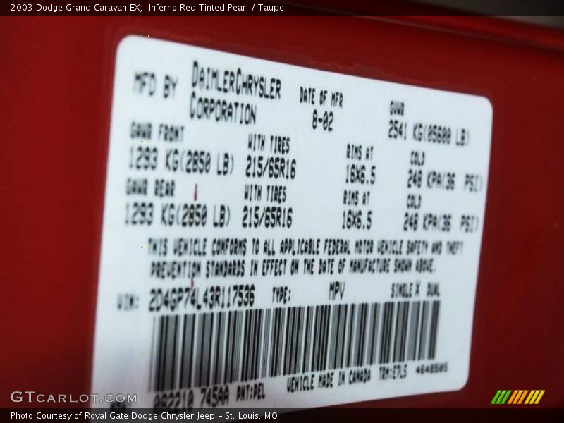 2003 Grand Caravan EX Inferno Red Tinted Pearl Color Code PEL