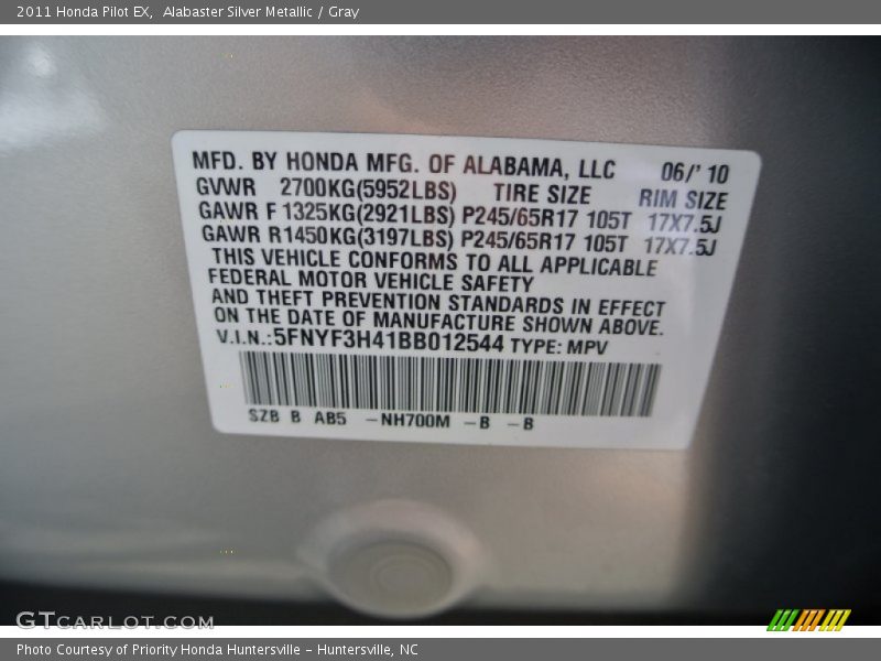 Alabaster Silver Metallic / Gray 2011 Honda Pilot EX
