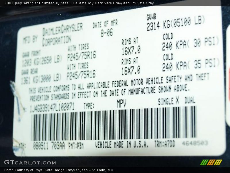 Steel Blue Metallic / Dark Slate Gray/Medium Slate Gray 2007 Jeep Wrangler Unlimited X