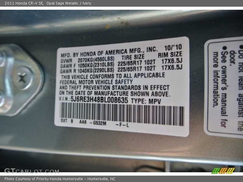 Opal Sage Metallic / Ivory 2011 Honda CR-V SE