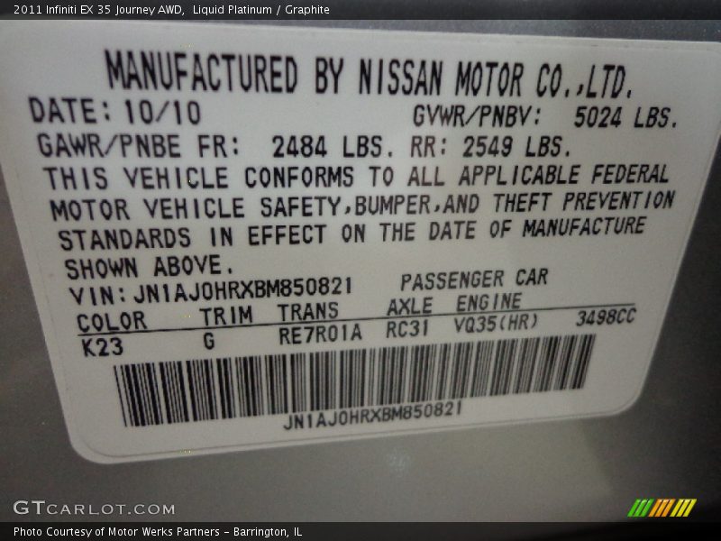 Liquid Platinum / Graphite 2011 Infiniti EX 35 Journey AWD