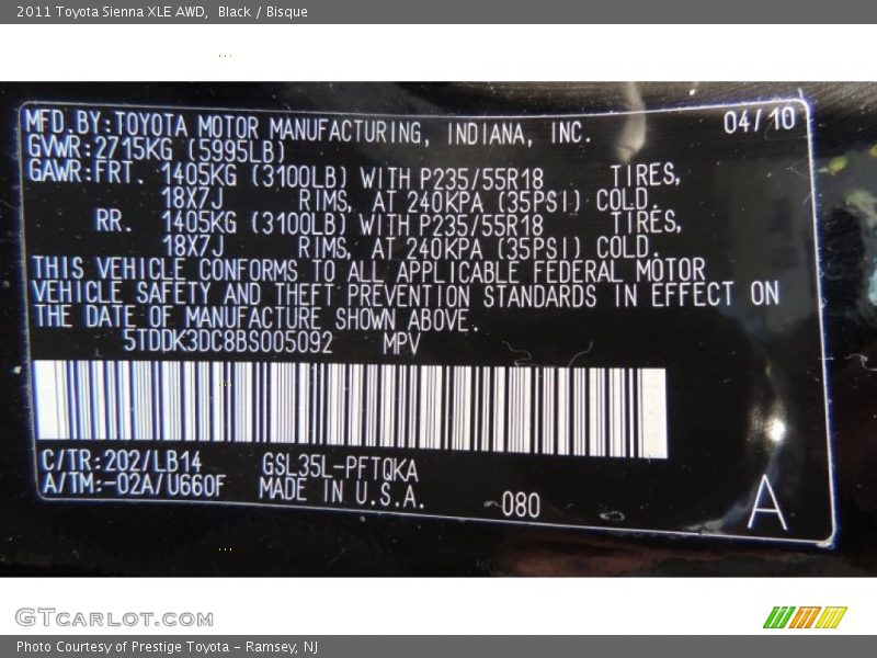 Black / Bisque 2011 Toyota Sienna XLE AWD