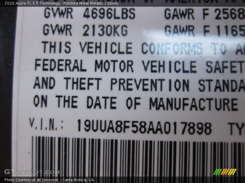 Polished Metal Metallic / Ebony 2010 Acura TL 3.5 Technology