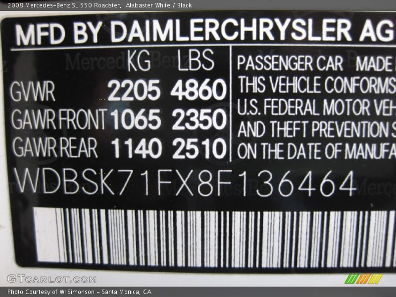 Alabaster White / Black 2008 Mercedes-Benz SL 550 Roadster