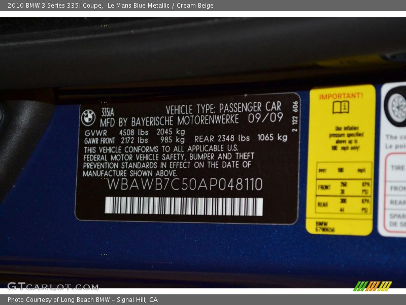 Le Mans Blue Metallic / Cream Beige 2010 BMW 3 Series 335i Coupe