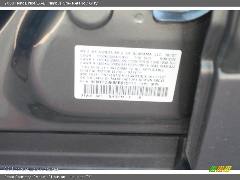 Nimbus Gray Metallic / Gray 2008 Honda Pilot EX-L