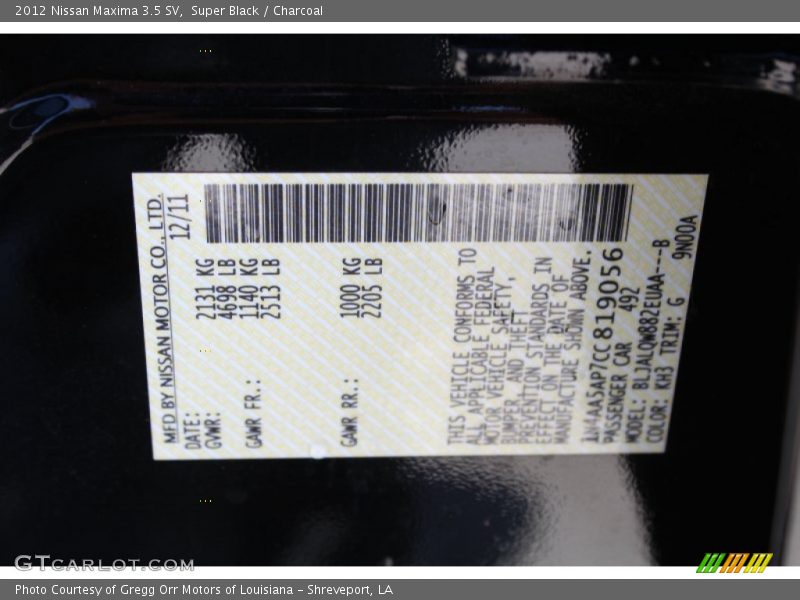 2012 Maxima 3.5 SV Super Black Color Code KH3