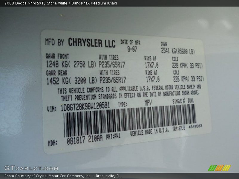 Stone White / Dark Khaki/Medium Khaki 2008 Dodge Nitro SXT