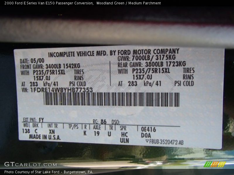 2000 E Series Van E150 Passenger Conversion Woodland Green Color Code FY