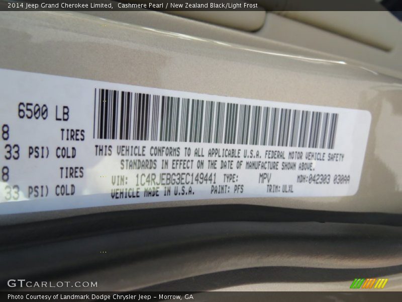 Cashmere Pearl / New Zealand Black/Light Frost 2014 Jeep Grand Cherokee Limited