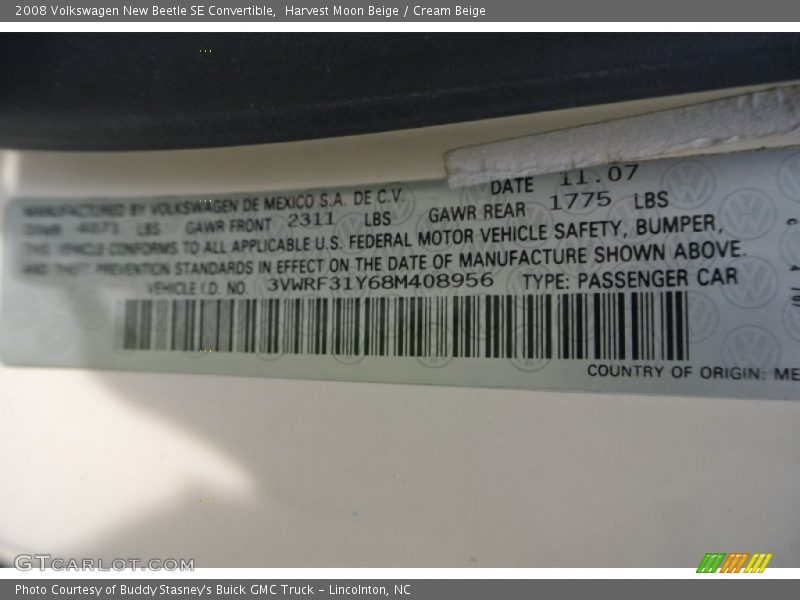 Harvest Moon Beige / Cream Beige 2008 Volkswagen New Beetle SE Convertible