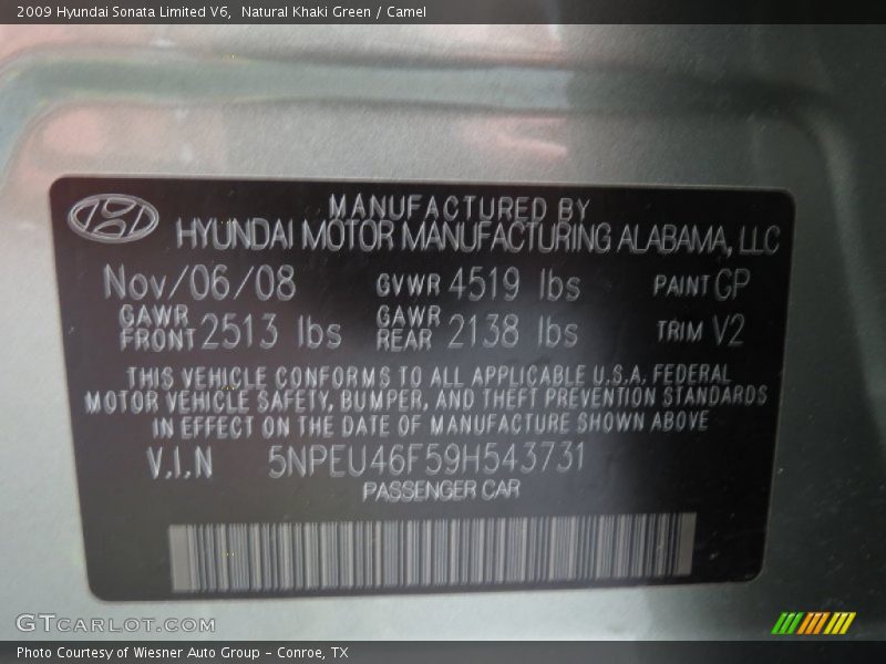 Natural Khaki Green / Camel 2009 Hyundai Sonata Limited V6