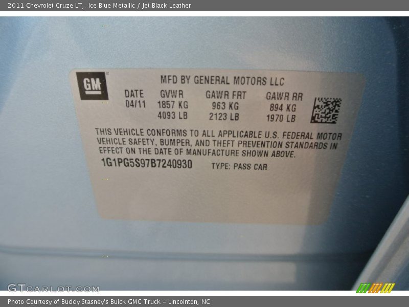 Ice Blue Metallic / Jet Black Leather 2011 Chevrolet Cruze LT