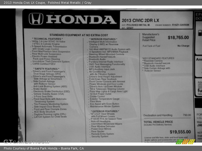  2013 Civic LX Coupe Window Sticker