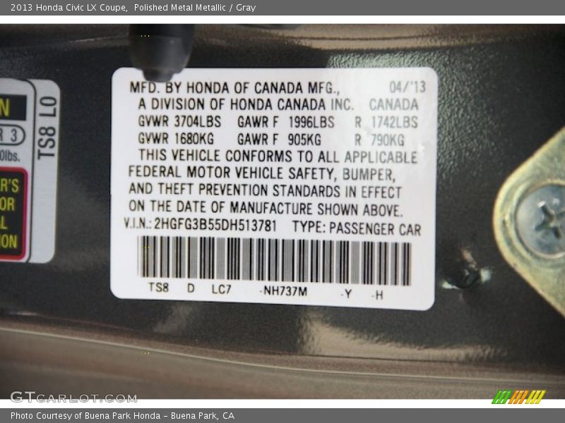 2013 Civic LX Coupe Polished Metal Metallic Color Code NH737M