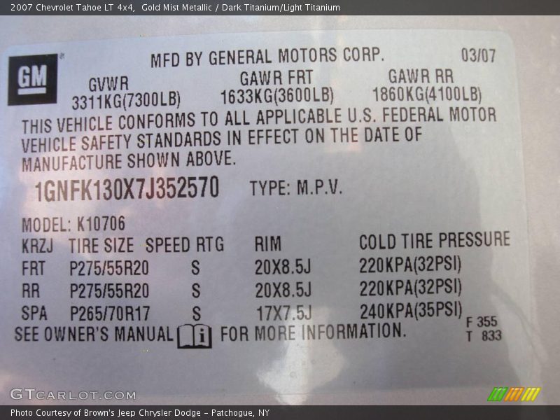 Gold Mist Metallic / Dark Titanium/Light Titanium 2007 Chevrolet Tahoe LT 4x4