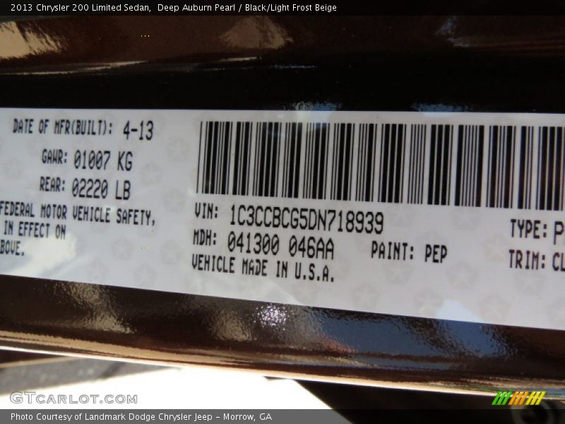 Deep Auburn Pearl / Black/Light Frost Beige 2013 Chrysler 200 Limited Sedan