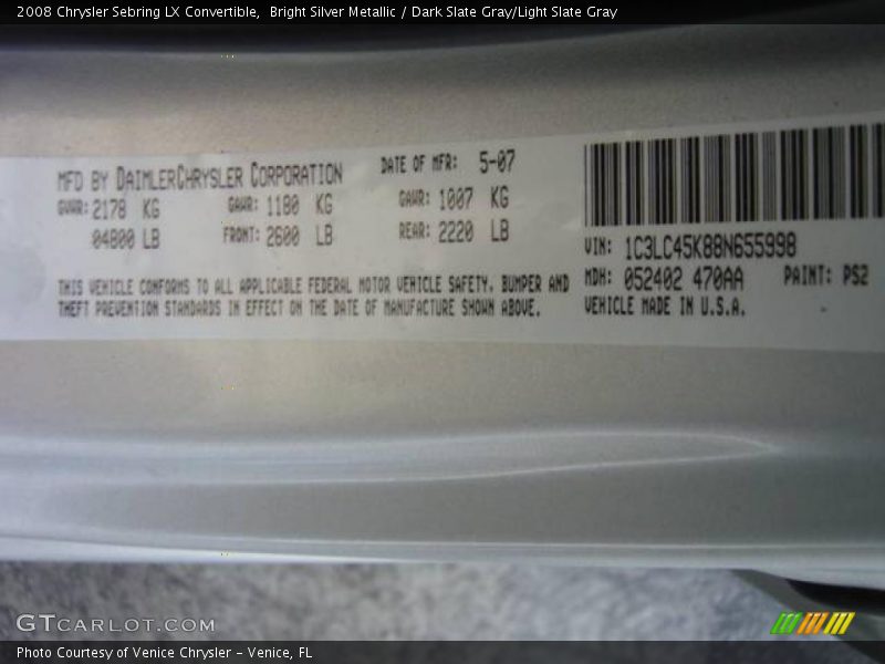 Bright Silver Metallic / Dark Slate Gray/Light Slate Gray 2008 Chrysler Sebring LX Convertible