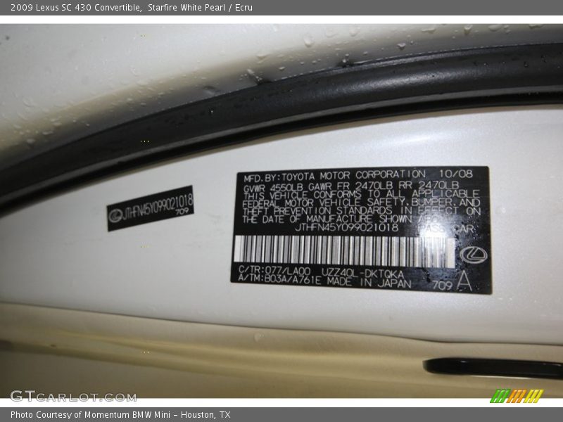 2009 SC 430 Convertible Starfire White Pearl Color Code 077