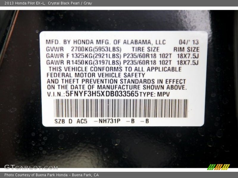 Crystal Black Pearl / Gray 2013 Honda Pilot EX-L