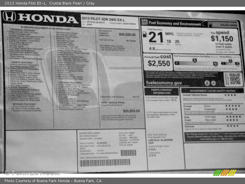 Crystal Black Pearl / Gray 2013 Honda Pilot EX-L