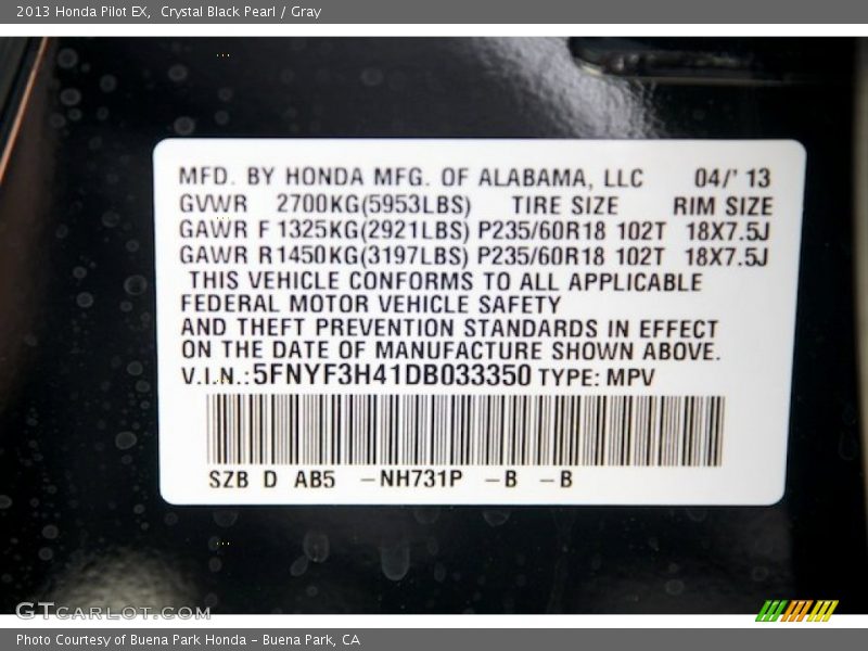 Crystal Black Pearl / Gray 2013 Honda Pilot EX