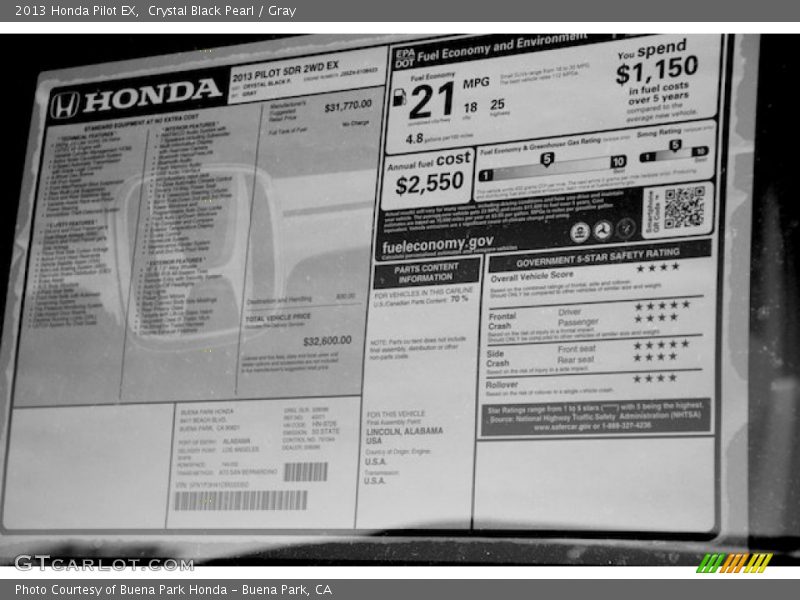 Crystal Black Pearl / Gray 2013 Honda Pilot EX