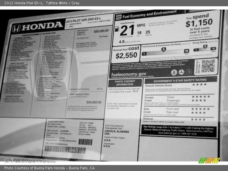 Taffeta White / Gray 2013 Honda Pilot EX-L