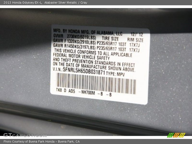 Alabaster Silver Metallic / Gray 2013 Honda Odyssey EX-L