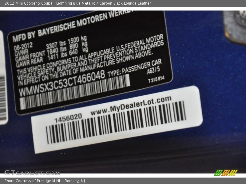 Lightning Blue Metallic / Carbon Black Lounge Leather 2012 Mini Cooper S Coupe