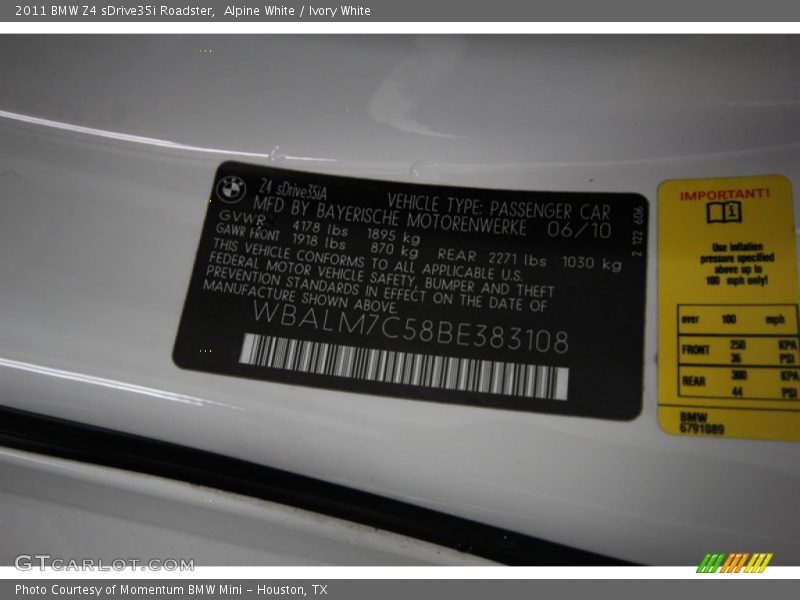 Alpine White / Ivory White 2011 BMW Z4 sDrive35i Roadster
