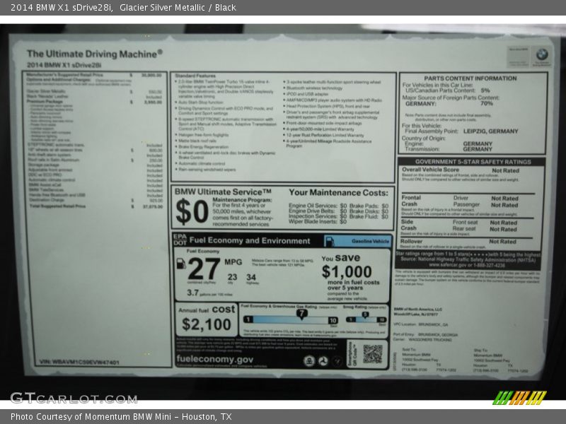  2014 X1 sDrive28i Window Sticker