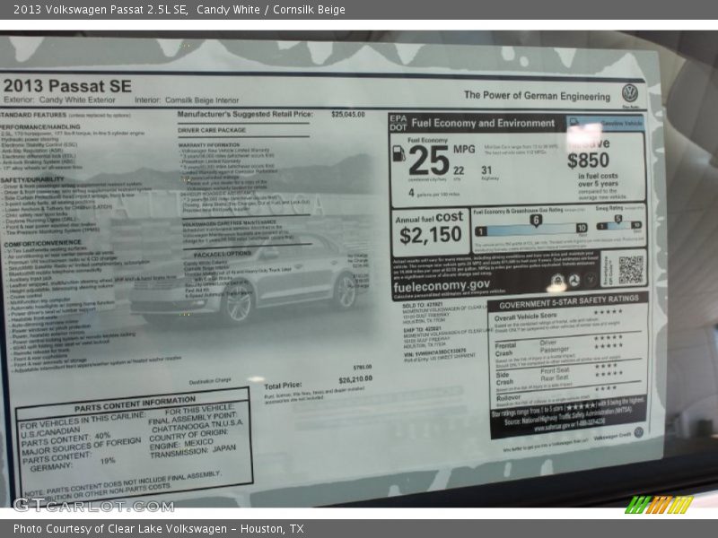 Candy White / Cornsilk Beige 2013 Volkswagen Passat 2.5L SE