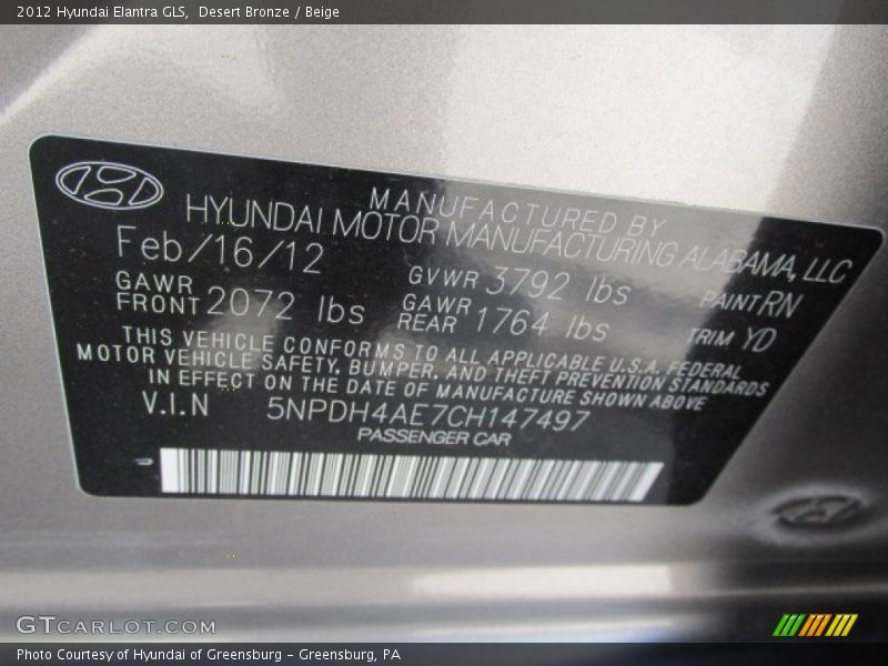 Desert Bronze / Beige 2012 Hyundai Elantra GLS