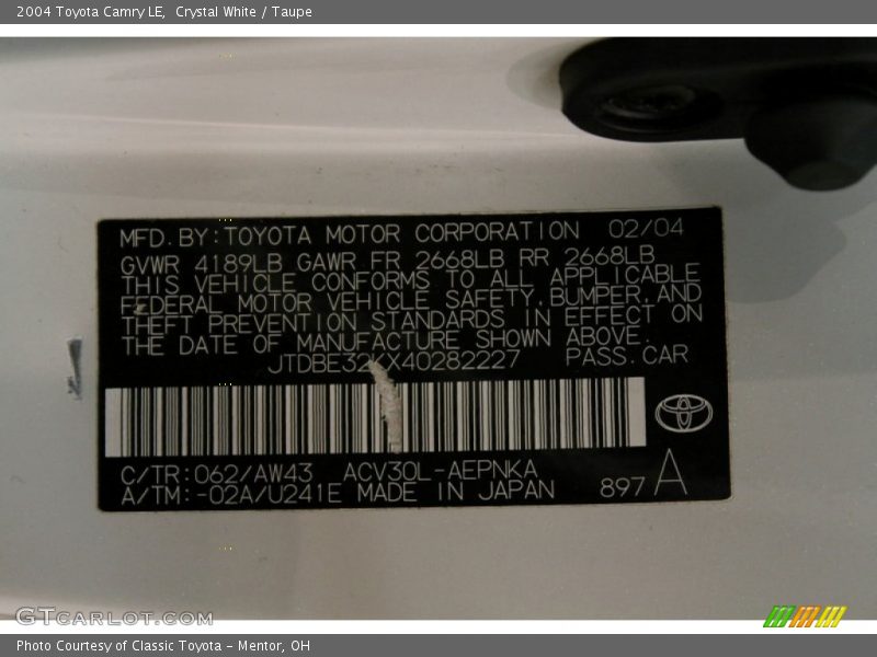 2004 Camry LE Crystal White Color Code 062