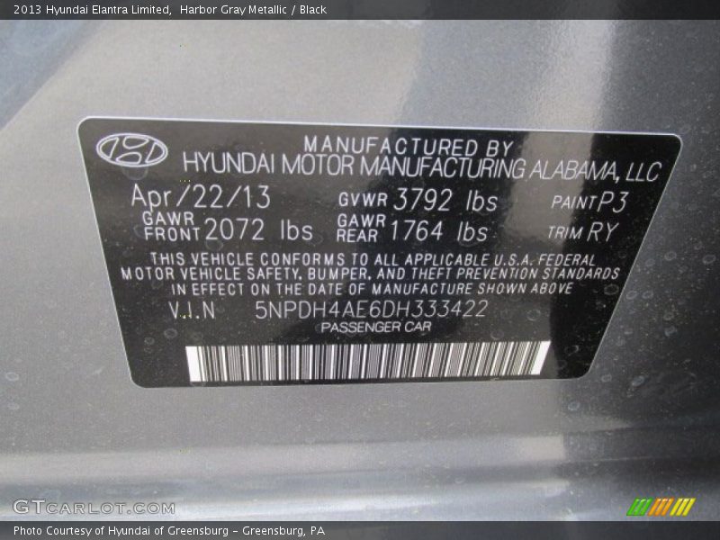 Harbor Gray Metallic / Black 2013 Hyundai Elantra Limited