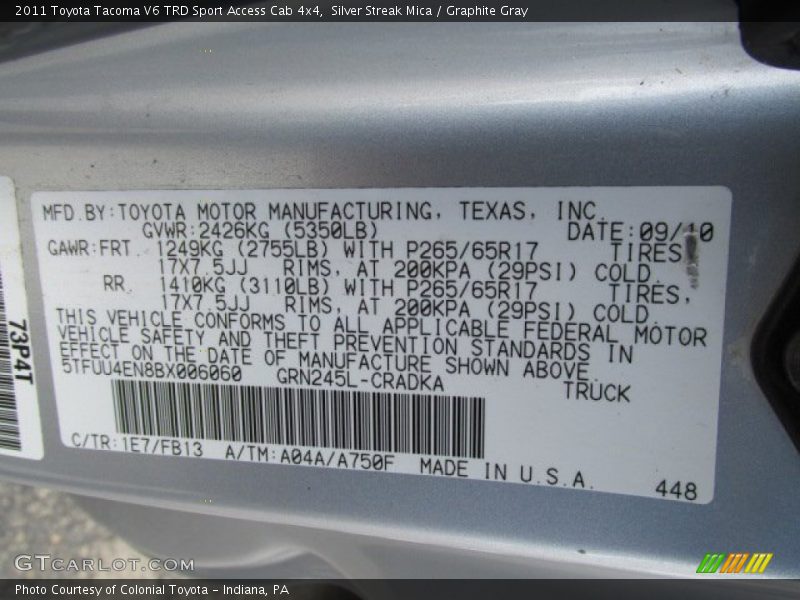 Silver Streak Mica / Graphite Gray 2011 Toyota Tacoma V6 TRD Sport Access Cab 4x4