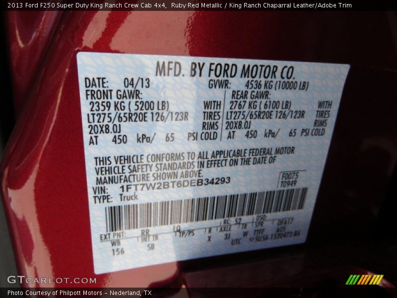 2013 F250 Super Duty King Ranch Crew Cab 4x4 Ruby Red Metallic Color Code RR