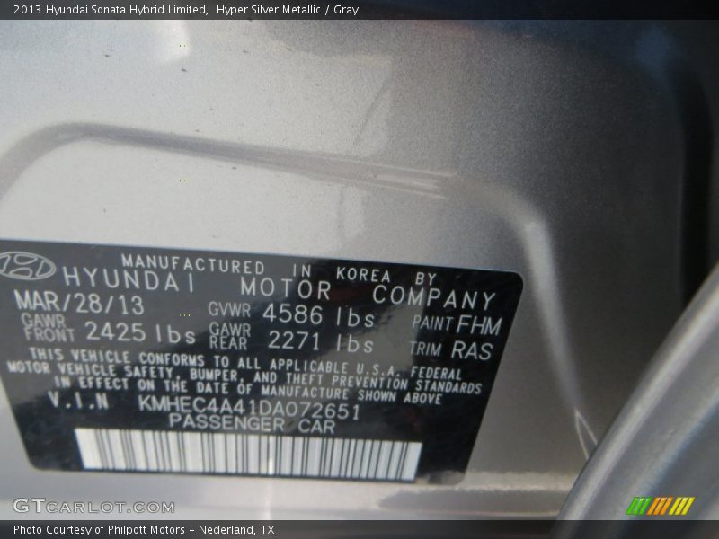 2013 Sonata Hybrid Limited Hyper Silver Metallic Color Code FHM
