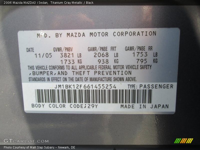 2006 MAZDA3 i Sedan Titanium Gray Metallic Color Code 29Y