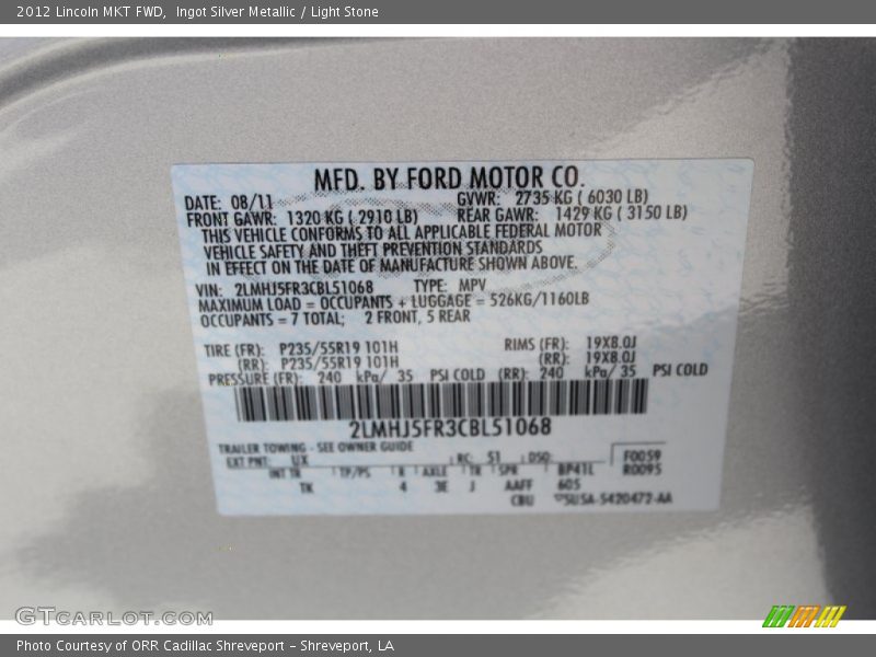 2012 MKT FWD Ingot Silver Metallic Color Code UX