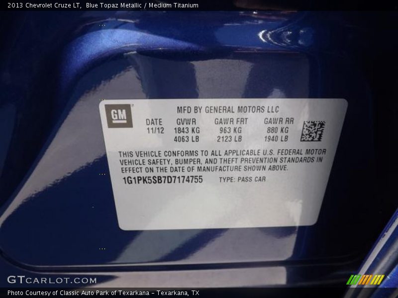 Blue Topaz Metallic / Medium Titanium 2013 Chevrolet Cruze LT